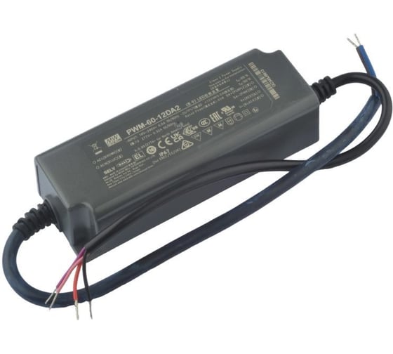 Светодиодный драйвер MEAN WELL PWM-60-12DA2 60Вт 12В 5А для наружного и внутреннего освещения, защита IP67, димминг DALI, активная коррекция коэффициента мощности, пласт 5500860