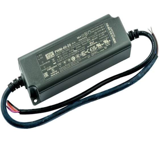Светодиодный драйвер MEAN WELL PWM-40-24 40Вт 24В 1,67А для наружного и внутреннего освещения, защита IP67, димминг 3 в 1, ККМ, пластиковый корпус 1903243