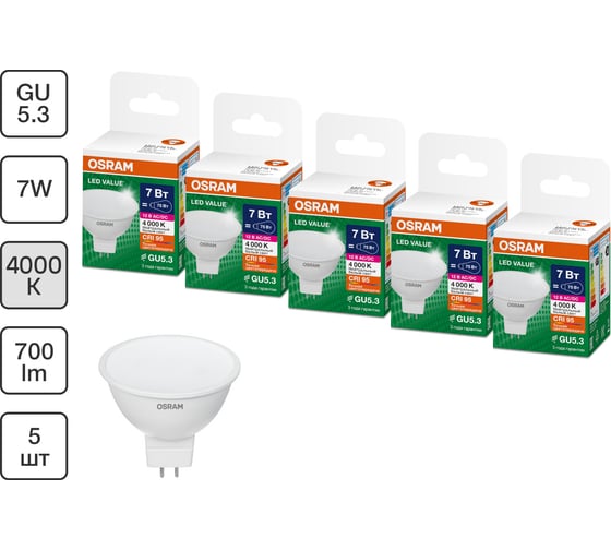 Набор ламп OSRAM 5 шт низкого напряжения 12V LED Value GU5.3 MR16 матовый 7Вт 700Лм замена 75Вт 4000K 4610590511228