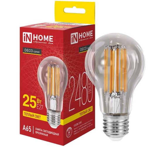 Лампа светодиодная IN HOME LED-A65-deco 25Вт 230В Е27 3000К 2480Лм прозрачная 4690612063188