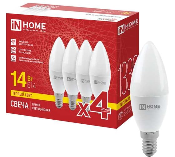 Лампа светодиодная IN HOME LED-СВЕЧА-VC 4PACK 14Вт 230В Е14 3000К 1330Лм (4шт./упак) 4690612063119