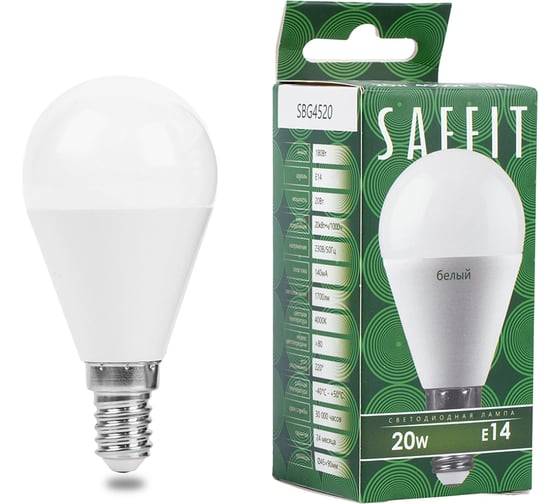 Лампа светодиодная SAFFIT SBG4520 Шарик E14 20W 230V 4000K, 55279