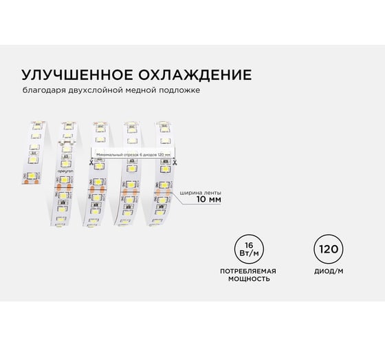 Светодиодная лента Apeyron 24В, 16Вт/м, smd2835, 120д/м, IP20, 1500Лм/м, подложка 10мм, 5м, 4000К 00-342