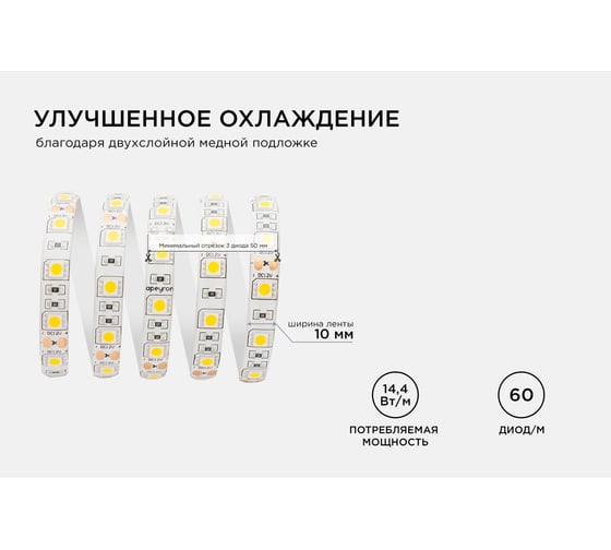 Светодиодная лента Apeyron в блистере, 12В, 14,4Вт/м, smd5050, 60д/м, IP65, 700Лм, подложка 10мм, 1м, 3000К 258BL