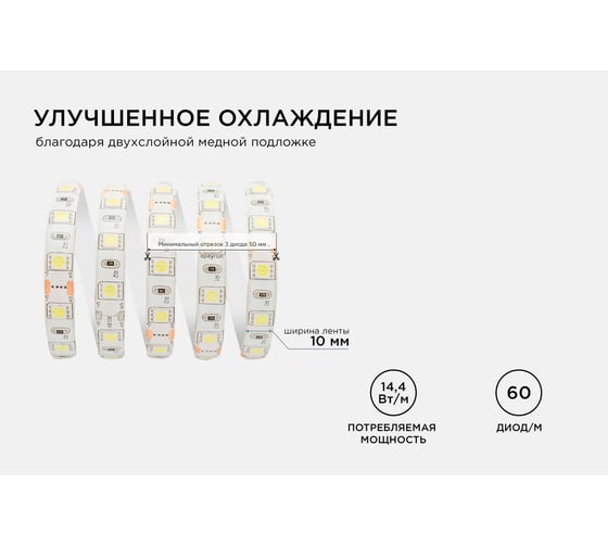 Светодиодная лента Apeyron в блистере, 12В, 14,4Вт/м, smd5050, 60д/м, IP65, 700Лм, подложка 10мм, 1м, 6500К 259BL