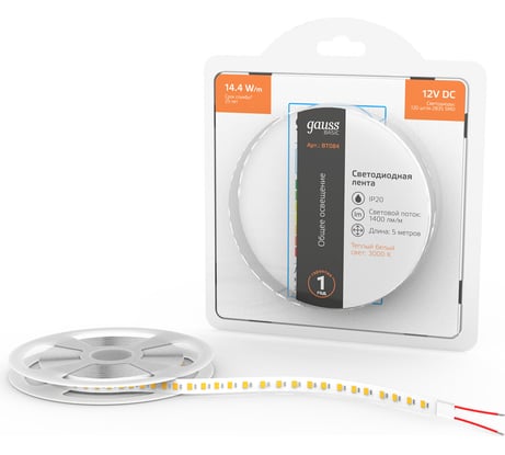 Лента Gauss Basic 12V 14,4W/m 1400lm/m 3000K IP20 LED 5m BT084