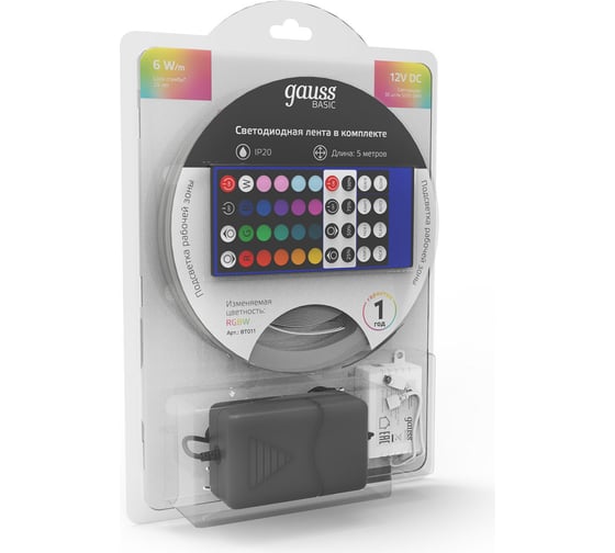 Лента Gauss Basic в комплекте 12V 6W/m 390lm/m RGBW IP20 LED 5m BT011