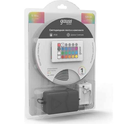 Лента Gauss Basic в комплекте 12V 6W/m 390lm/m RGB IP20 LED 5m BT012