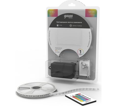 Лента Gauss Basic в комплекте 12V 10W/m 700lm/m RGB IP20 LED 3m BT041