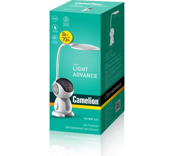 Настольный светильник Camelion KD-858 C01 белый+серый LED 8 Вт, 230В, 500 лм, сенсор, регулировка яркости и цветовой температуры 13008