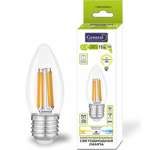 Светодиодная лампа General Lighting Systems Филамент прозрачный E27 10Вт 230В 690Лм 4500К Нейтральный белый свет Свеча GLDEN-CS-10-230-E27-4500 649916