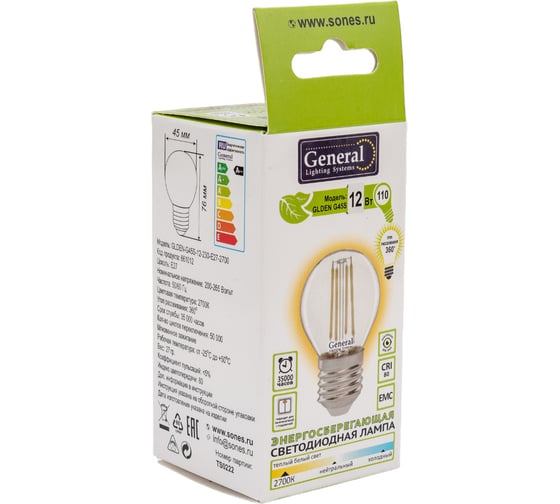 Светодиодная лампа General Lighting Systems Филамент прозрачный E27 10Вт 230В 910Лм 2700К Теплый белый свет Шар GLDEN-G45S-12-230-E27-2700 661012