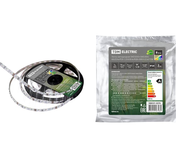 Светодиодная лента TDM SMD5050+SMD2835 60LED/м-IP20-12 В-8 Вт/м-RGB+3000 К (5 м) SQ0331-0376