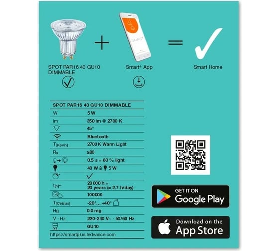 Умная Bluetooth лампа LEDVANCE SMART+ Spot GU10 Dimmable 40 45° 5 W/2700K GU10 4058075485297