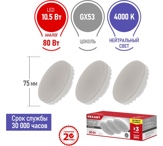 Светодиодная лампа REXANT Рефлектор, 10,5 Вт, GX53, 4000 K, нейтральный свет, 3 шт 604-064-3