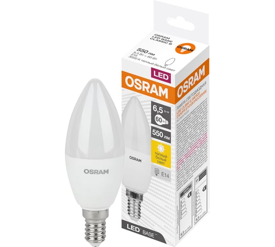 Светодиодная лампа Osram LED BASE CLASSIC B60 6,5W/830 230V E14 4058075527836 1