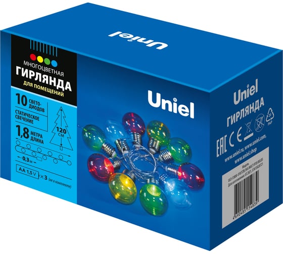 Светодиодная гирлянда на батарейках Uniel Лампочки ULD-S1800-010/STB/3AA MULTI, IP20, BULBS  UL-00008422