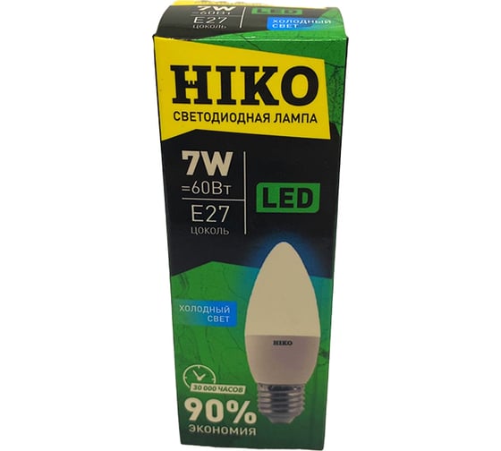 Светодиодная лампа HIKO C37, 7W, 4000K, E27, свеча, QH08 600132527