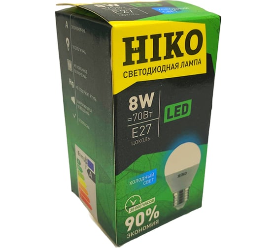 Светодиодная лампа HIKO G45, 8W, 4000K, E27, шарик 600162386