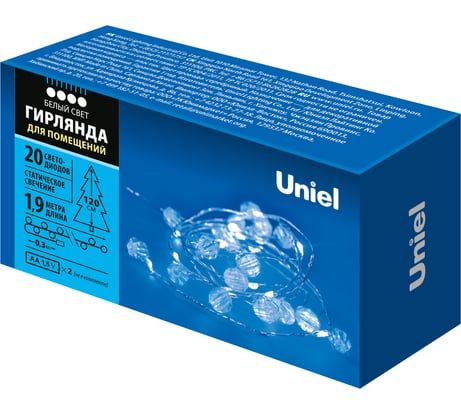 Светодиодная гирлянда на батарейках Uniel ULD-S1900-020/STB/2AA WHITE, IP20, BEADS MINI UL-00008621