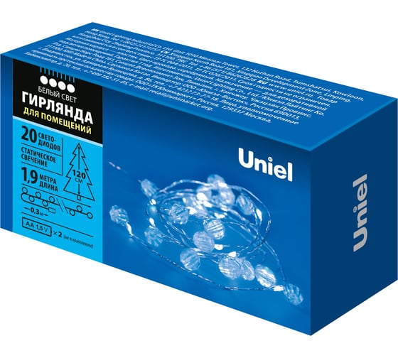 Светодиодная гирлянда на батарейках Uniel ULD-S1900-020/STB/2AA WHITE, IP20, BEADS MINI UL-00008621 1