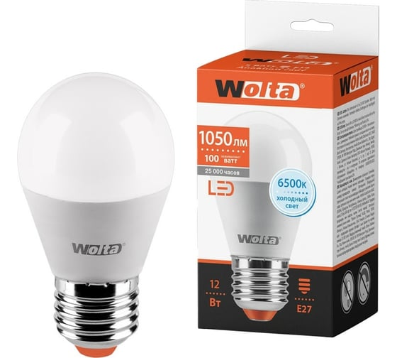 Светодиодная лампа Wolta "Шар" G45 12Вт 1050лм 6500К Е27 1/50 25W45GL12E27