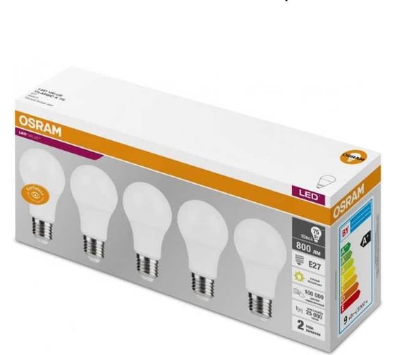 Светодиодная лампа Osram LVCLA75 10SW/830 230V E27 2X5 RU 5 шт7 4058075577718