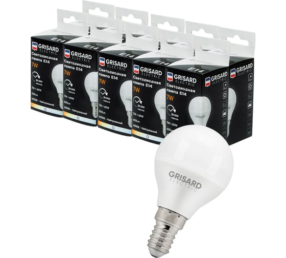 Светодиодная лампа Grisard Electric шар G45 E14 7Вт 4000К 220В 10 шт GRE-002-0036