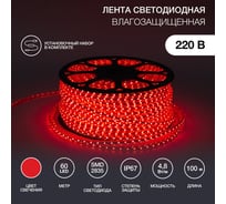 Светодиодная лента Neon-Night LED 220В, 10x7 мм, IP67, SMD 2835, 60 LED/m свет красный 100 м 142-601