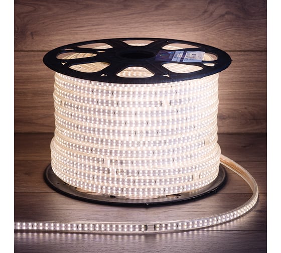 Светодиодная лента Neon-Night 220В, SMD3014, 240 LED/м, Теплый белый, 6,5x15мм, 100м, кабель питания в комплекте, IP67 142-804