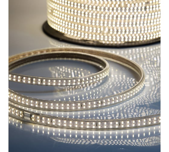 Светодиодная лента Neon-Night 220В, SMD3014, 240 LED/м, Теплый белый, 6,5x15мм, 100м, кабель питания в комплекте, IP67 142-804