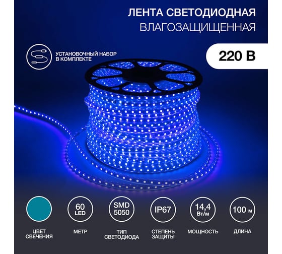 Светодиодная лента Neon-Night LED 220В, 13x8 мм, IP67, SMD 5050, 60 LED/m, свет синий 100 м 142-103