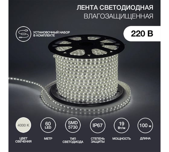 Светодиодная лента Neon-Night LED 220В 6.5x13 мм, IP67, SMD 5730, 60 LED/m свет белый 100 м 142-701