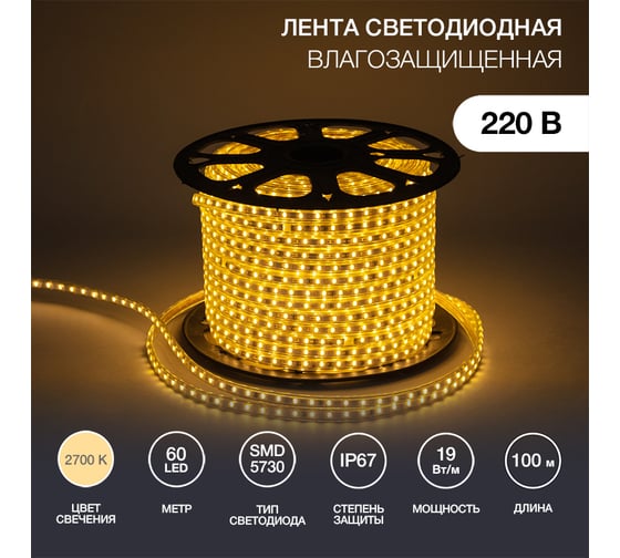 Светодиодная лента Neon-Night LED 220В 6.5x13 мм IP67 SMD 5730, 60 LED/m теплый белый 100 м 142-702