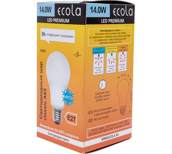 Светодиодная лампа Ecola classic LED Premium 14,0W A65 220-240V E27 6500K 360 композит 125x65 K7SD14ELB
