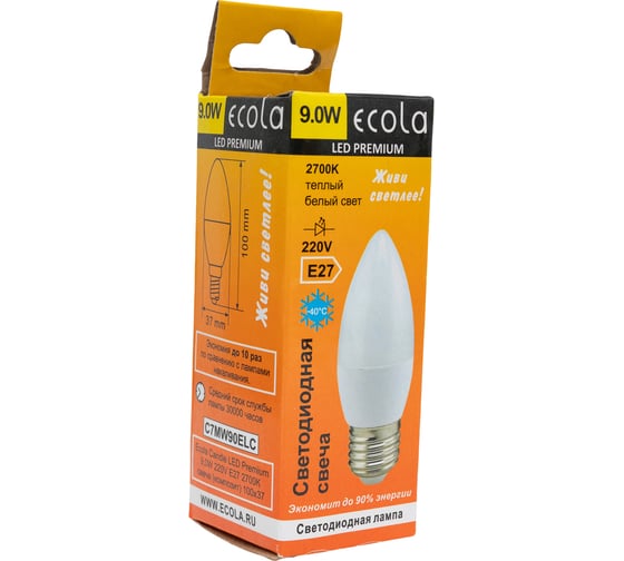 Светодиодная лампа Ecola candle LED Premium 9,0W 220V E27 2700K свеча композит 100x37 C7MW90ELC