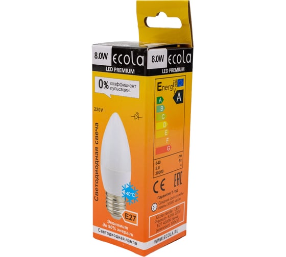 Светодиодная лампа Ecola candle LED Premium 8,0W 220V E27 4000K свеча композит 100x37 C7MV80ELC