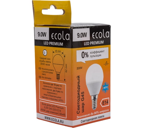 Светодиодная лампа Ecola globe LED Premium 9,0W G45 220V E14 4000K шар композит 82x45 K4QV90ELC