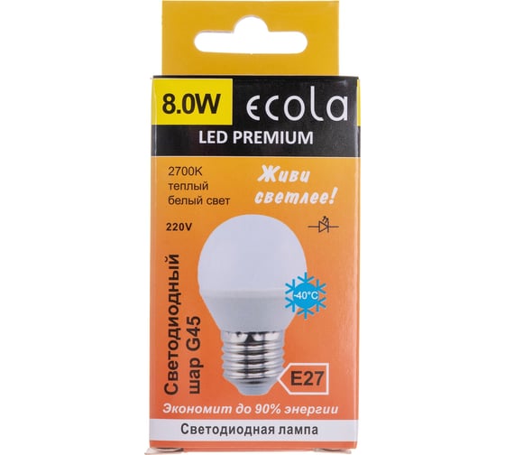 Светодиодная лампа Ecola globe LED Premium 8,0W G45 220V E27 2700K шар композит 78x45 K7QW80ELC