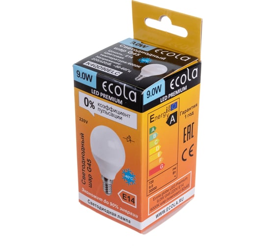 Светодиодная лампа Ecola globe LED Premium 9,0W G45 220V E14 6000K шар композит 82x45 K4QD90ELC
