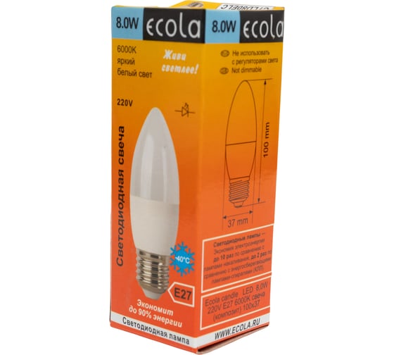 Светодиодная лампа Ecola candle LED 8,0W 220V E27 6000K свеча композит 100x37 C7LD80ELC