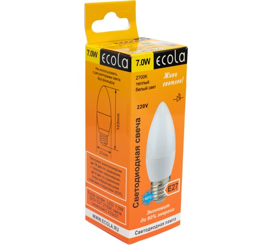 Светодиодная лампа Ecola candle LED 7,0W 220V E27 2700K свеча композит 103x37 C7LW70ELC