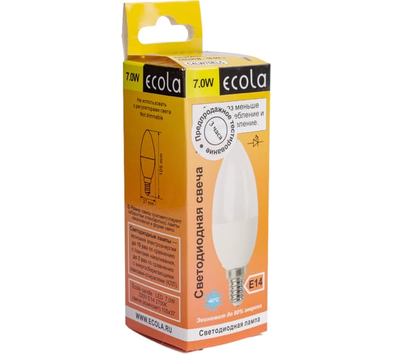 Светодиодная лампа Ecola candle LED 7,0W 220V E14 2700K свеча композит 105x37 C4LW70ELC