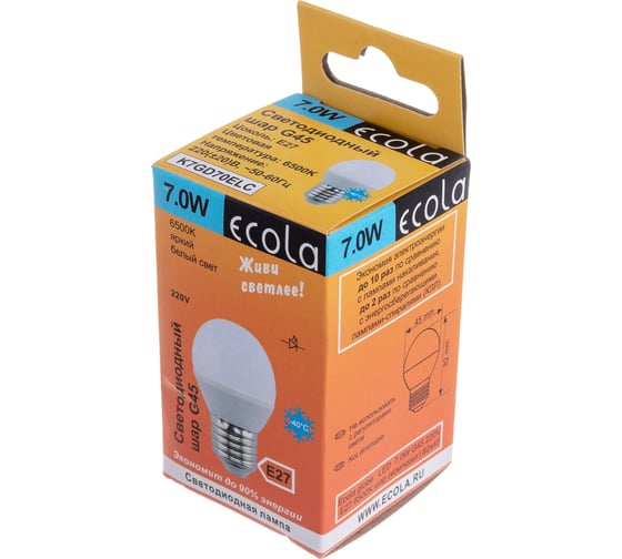 Светодиодная лампа Ecola globe LED 7,0W G45 220V E27 6500K шар композит 82x45 K7GD70ELC