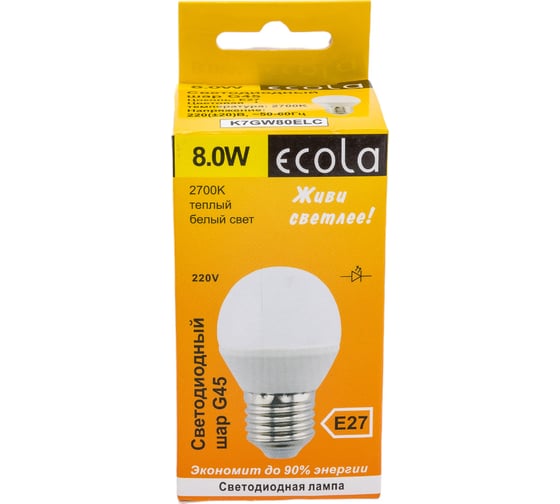 Светодиодная лампа Ecola globe LED 8,0W G45 220V E27 2700K шар композит 78x45 K7GW80ELC