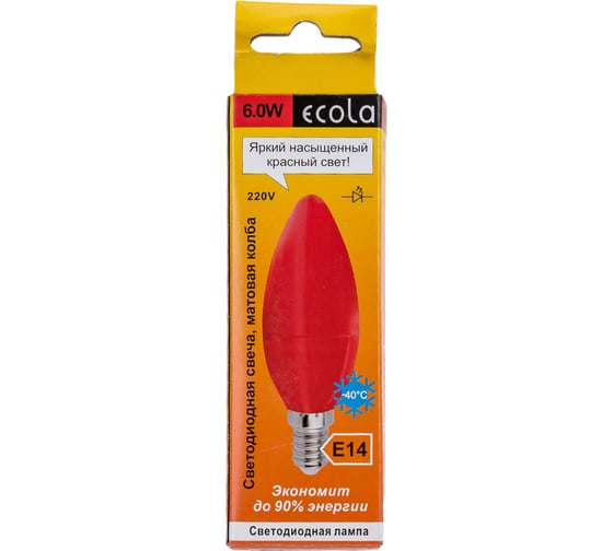 Светодиодная лампа Ecola candle LED color 6,0W 220V E14 Red свеча Красная матовая колба 103x37 C4TR60ELY