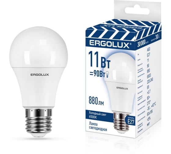 Светодиодная лампа Ergolux LED-A60-11W-E27-6K ЛОН 11Вт Е27 6500К 220-240В, ПРОМО 14724