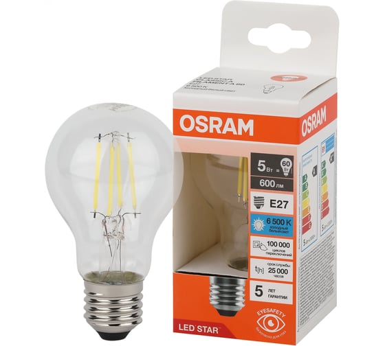 Светодиодная филаментная лампа Osram LS CLA60 5W/865 230VFILCL E2710x1 4058075687691 1