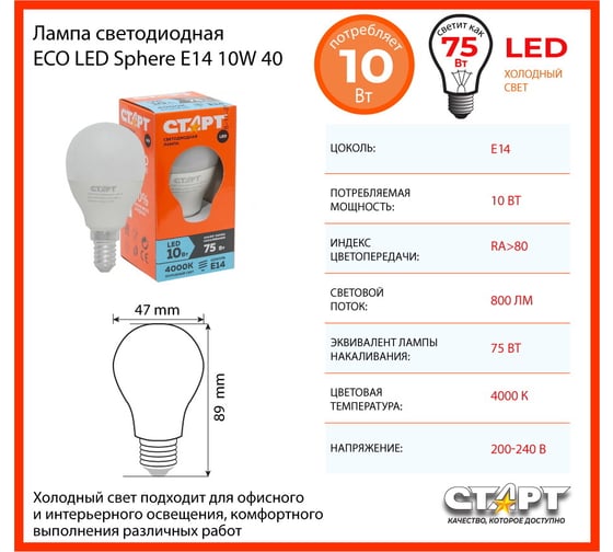 Светодиодная лампа СТАРТ в колбе шар ECO LEDSphereE14 10W 40
