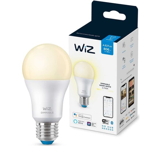 Лампа Wiz Wi-Fi BLE 60W A60 E27 927 DIM1PF/6 929002450202